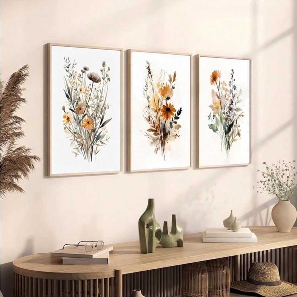Floral Botanical Canvas Wall Art Set - Orange, Green, and Brown Accents